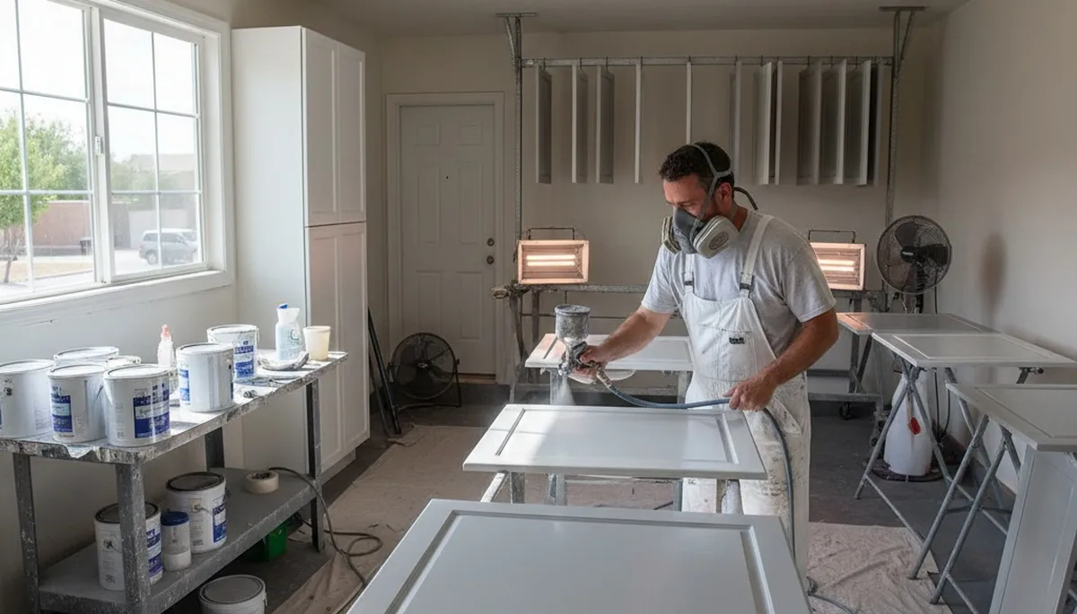 Painter spraying smooth cabinet finish in Albuquerque NM kitchen for durable modern update