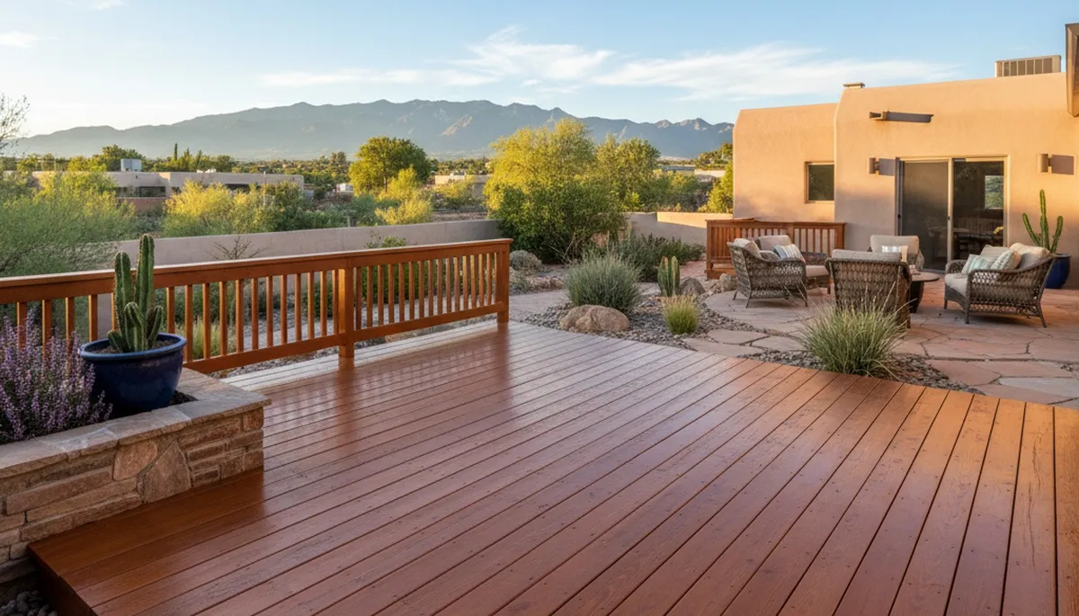 Finished deck staining in Albuquerque NM showing rich wood tone and weather-resistant finish by pro painters