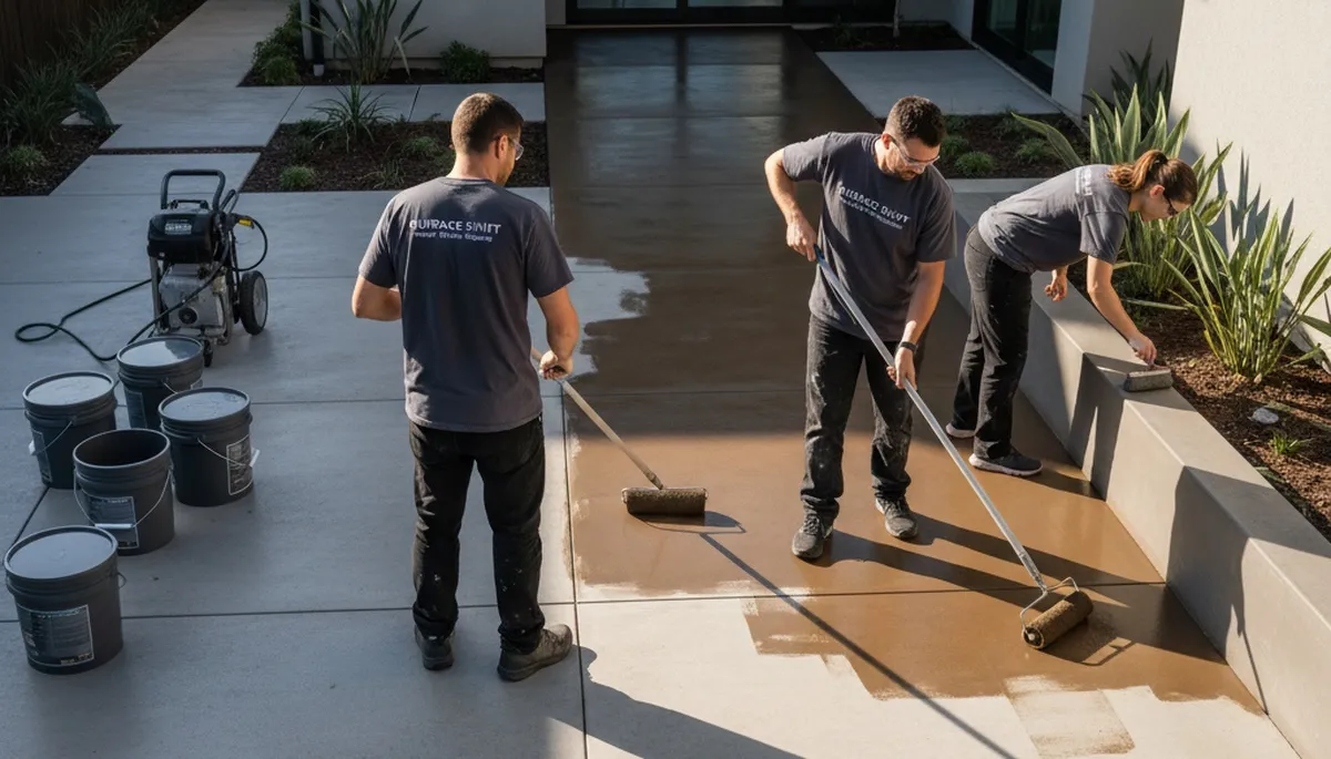 Professional concrete staining on residential patio in Albuquerque, NM by expert house painters