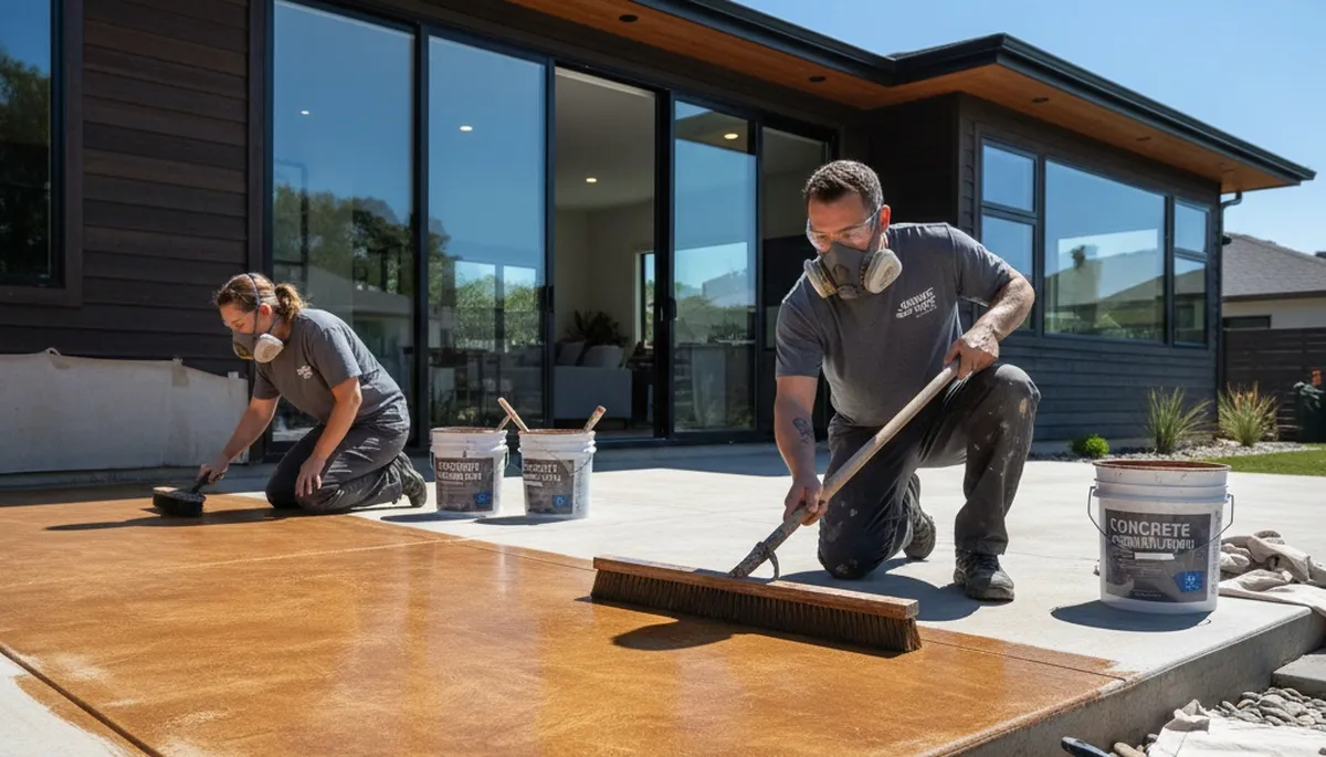 Professional concrete staining on patio surface in Albuquerque, NM by expert house painters