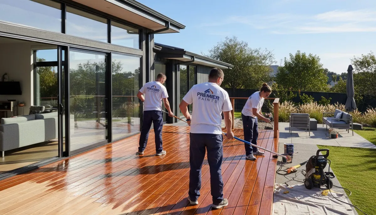 Professional deck staining by house painters in Albuquerque NM protecting wood from sun and heat