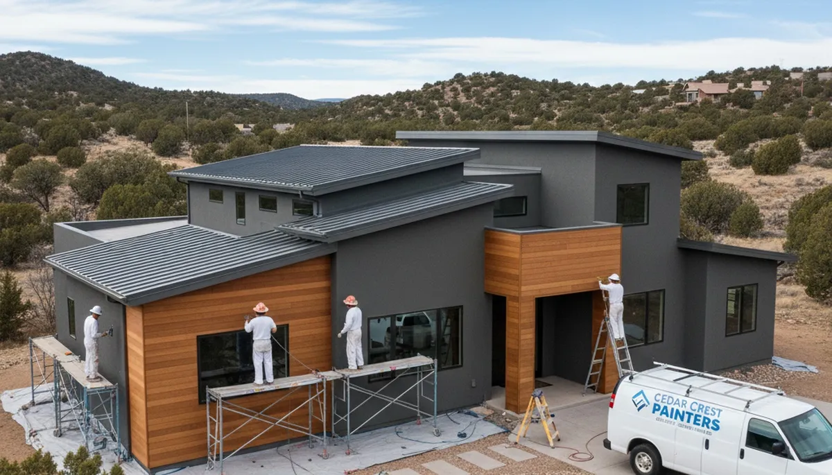 Professional house painters preparing exterior home in Albuquerque NM for expert residential painting