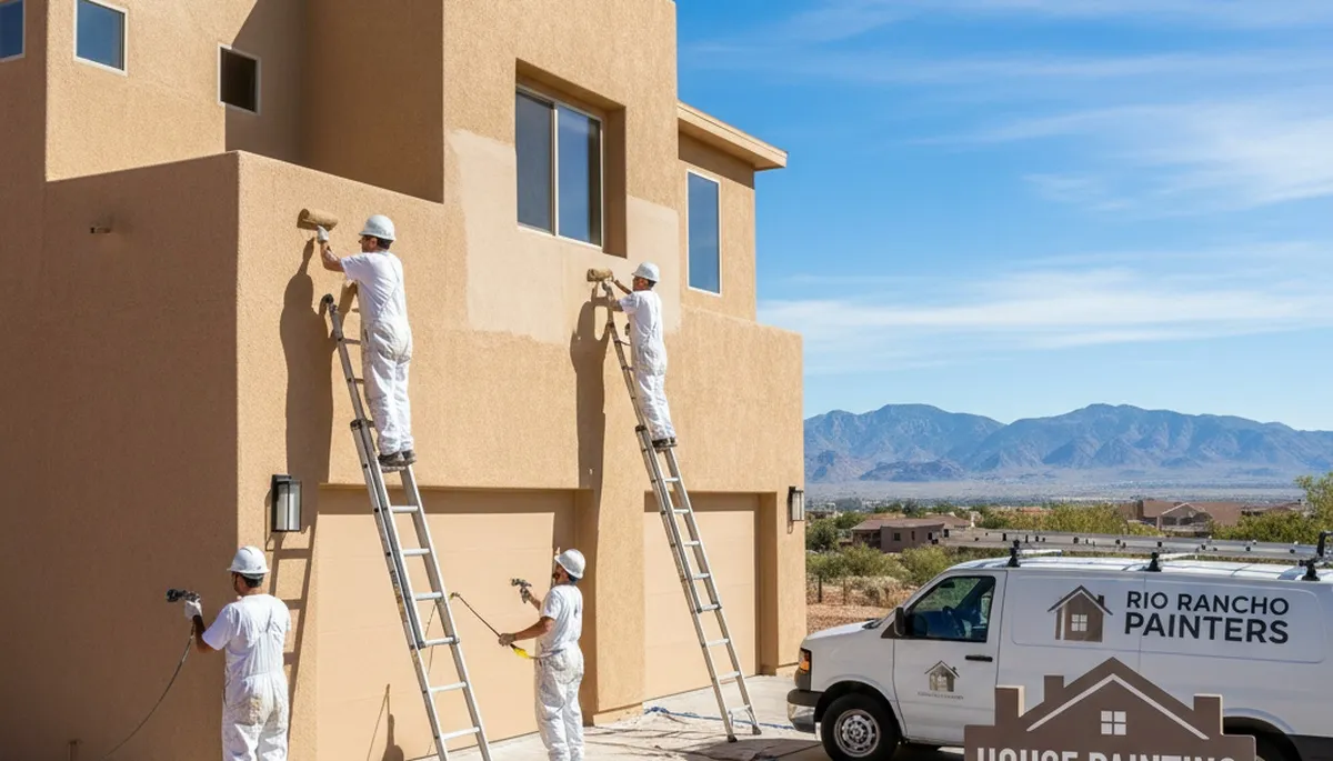 Albuquerque, NM house painters painting a home exterior with professional ladders and tools