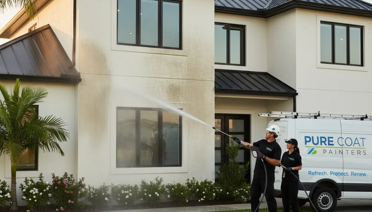 Professional pressure cleaning for stucco home exterior in Albuquerque, NM by expert house painters
