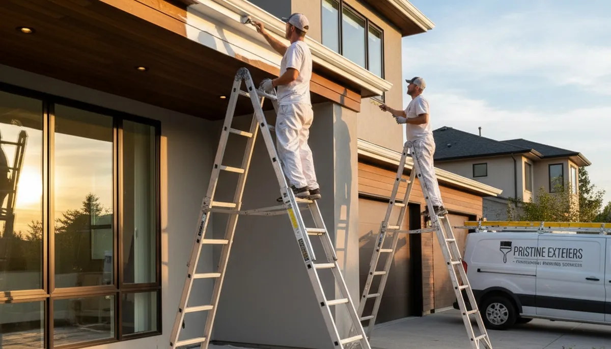 Painter refinishing home trim and fascia in Albuquerque, NM for durable, sun-resistant curb appeal