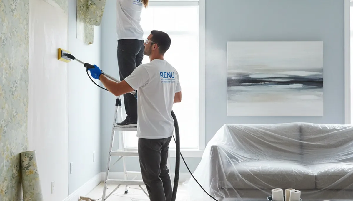 Professional wallpaper removal on adobe walls in Albuquerque, NM by expert house painters